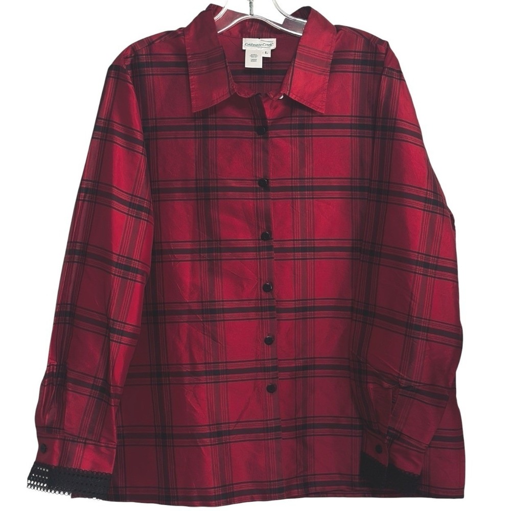 Coldwater Creek Button Up Women Red Black Plaid Silk Lace Cuff Tartan Holiday L